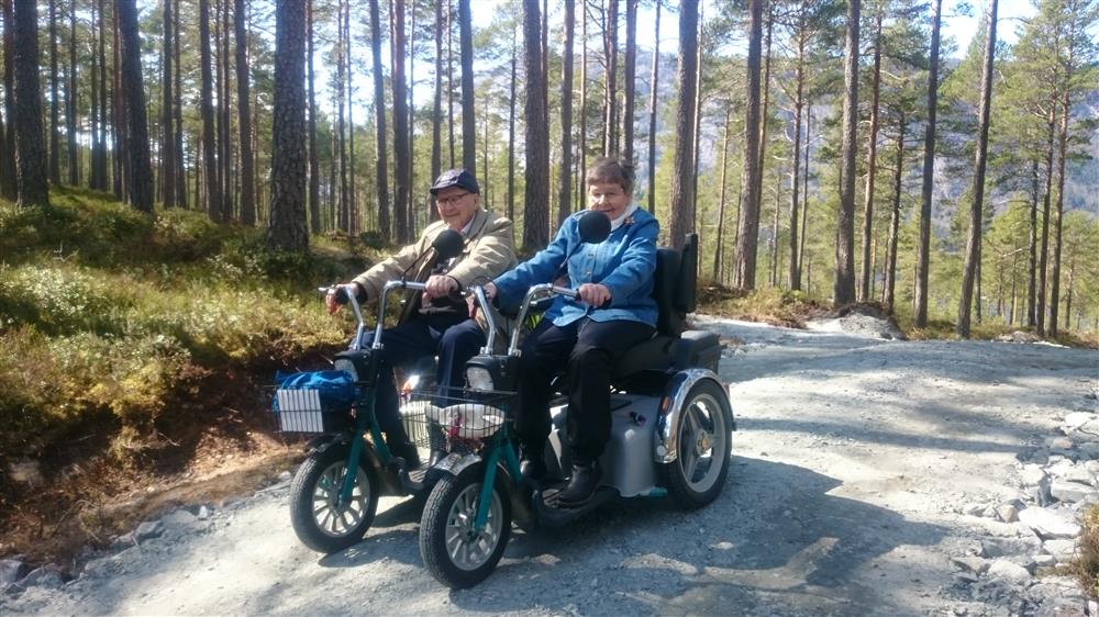 Two persons using their mobility tricycles on a path in the woods.