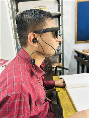An Asian man reads a Braille book while wearing smart glasses with audio support. This innovative technology enhances accessibility for people with visual impairments, reflecting dignity, autonomy, and the transformative power of inclusive design.