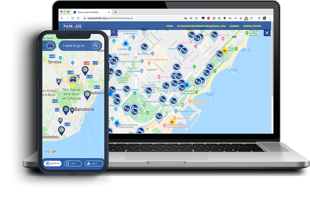 A smartphone and a laptop show two different maps of Barcelona, one large scale and one zoomed in, in which the locations of accessible parking spots are depicted with little symbols. 