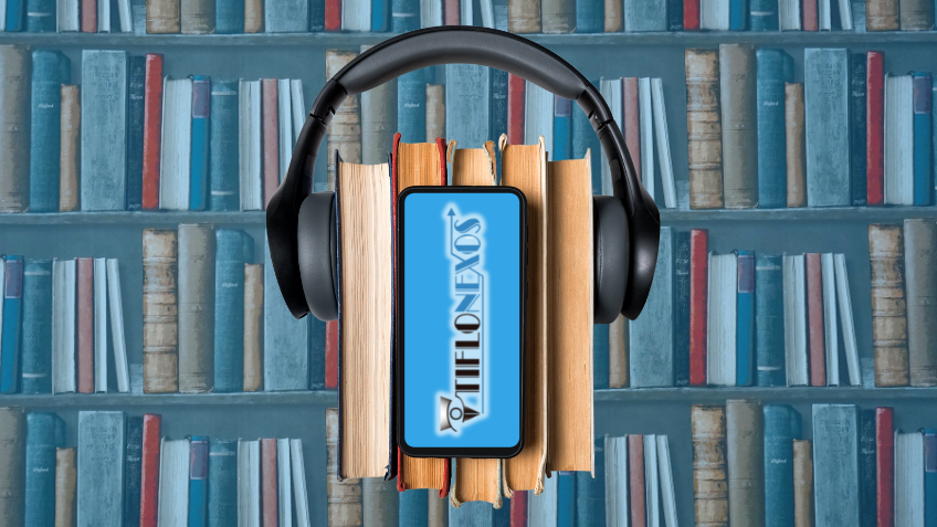 The graphic shows five slightly worn out books held together by a black headphone in front of a library shelf. On top of the 5 books is a smartphone facing us where the words "Tiflonexos" are written in black and blue letters. 