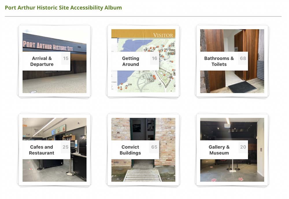 A montage of 6 images on white background showing the  accessibility implementations of the Port Arthur Historic Site. 