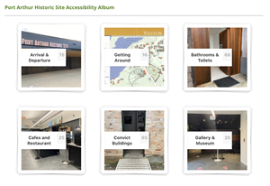 A montage of 6 images on white background showing the accessibility implementations of the Port Arthur Historic Site. 
