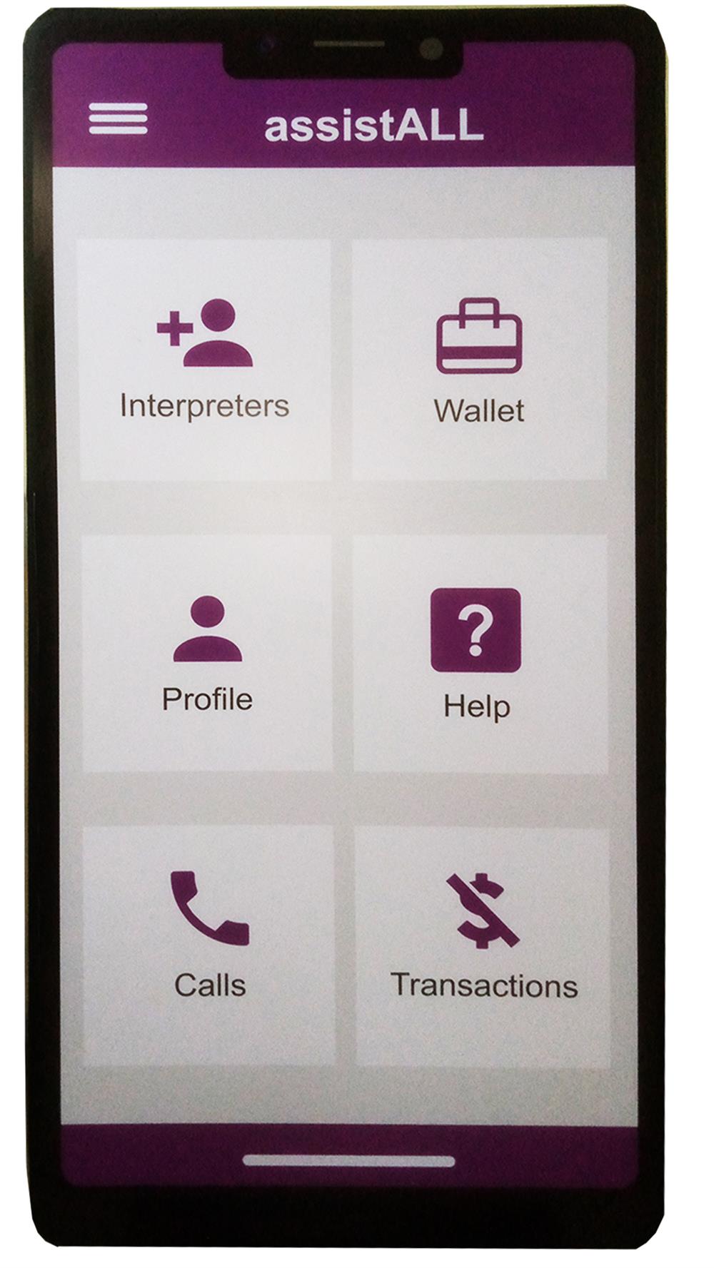 A mobile phone screen showing assistALL app page. The top center of the screen has assistALL logo and on the top left is a three-line icon. Below that are the icons interpreters, wallet, profile, help, calls, transactions