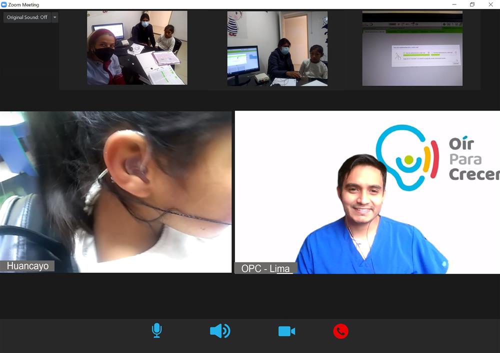 A virtual meeting connects healthcare workers and families across regions. A girl with a hearing aid and a smiling audiologist participate online, demonstrating how telehealth and technology expand access to inclusive healthcare and education for all.