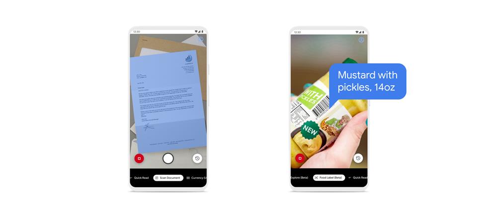 Two screen grab of phones with one showing a document scanned and the other showing a hand holding a food canister with a speech bubble "Mustard with pickles, 14oz".