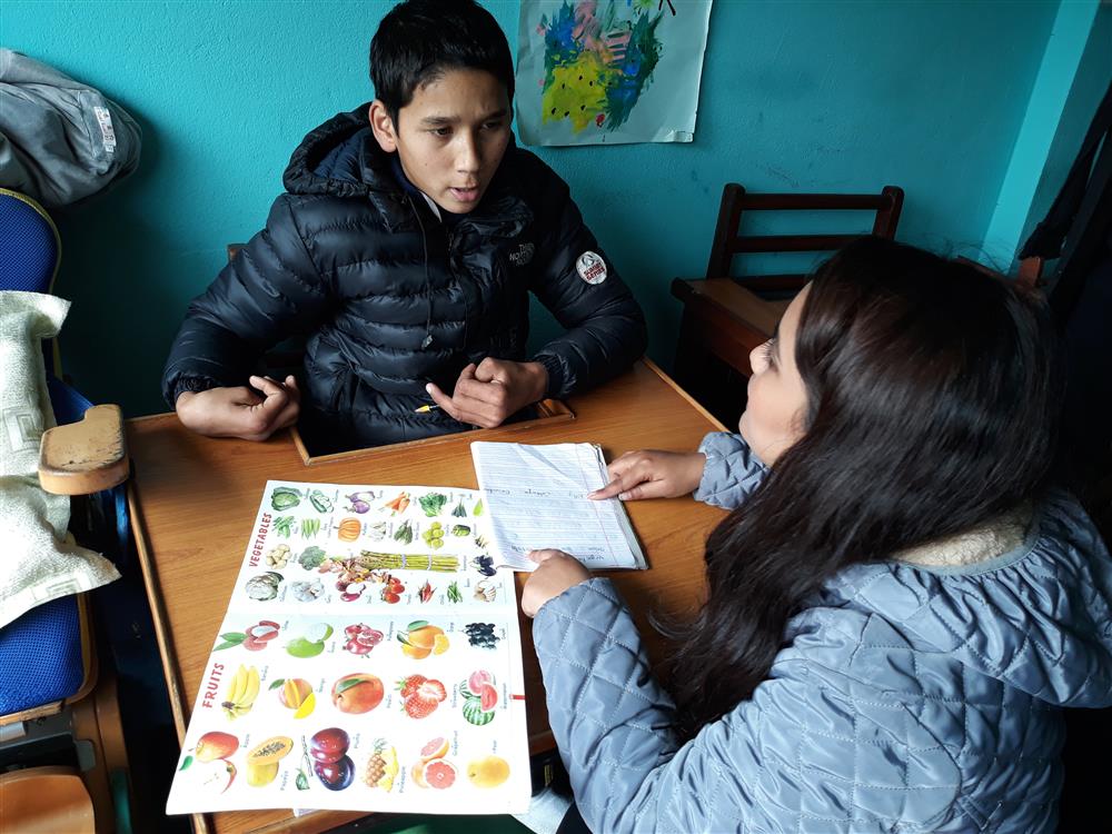 A project participant is getting individual learning support on a table with learning material.