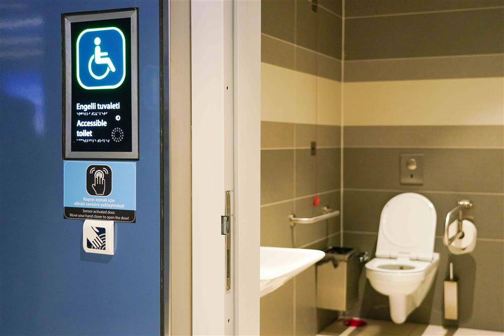 The specific camera angle shows the labeling of an accessible toilet on the left while also granting a view into the corresponding toilet with a sink, the toilet bowl and the accessible handles and bars. 