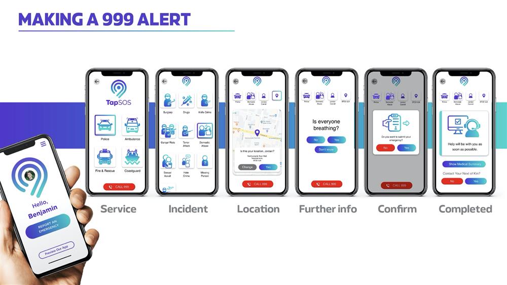 A digital guide shows how to send an emergency alert through an accessible app called TapSOS. The interface is clear and visual, ensuring that everyone—including people with hearing, speech, or cognitive disabilities—can reach emergency services safely and efficiently.
