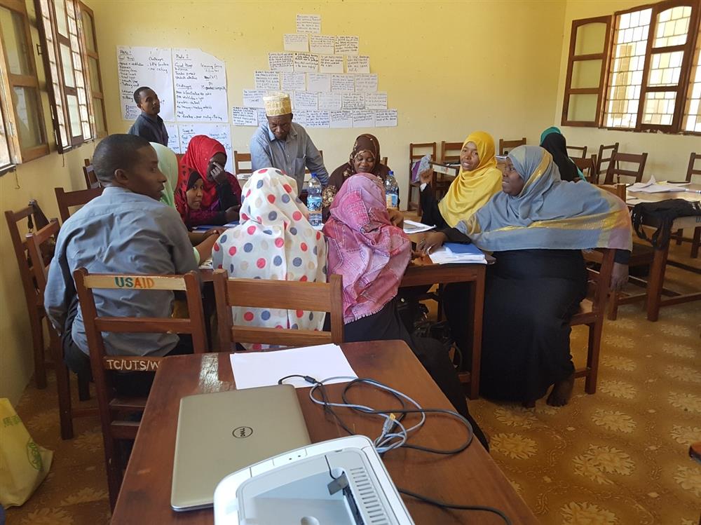 Men and women in hijabs sitting and listing to the instruction of the principal trainer in a yellow classroom.