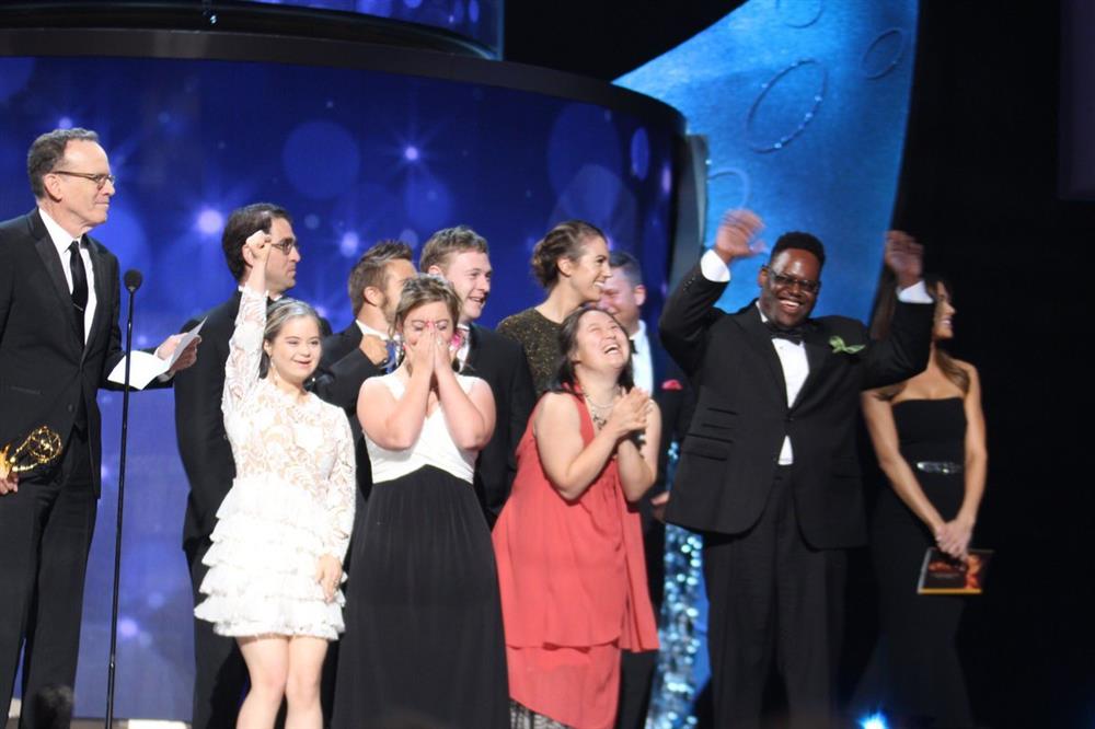 The cast of Born This Way on stage having won the 2016 Primetime Emmy Award for Outstanding Unstructured Reality Program.