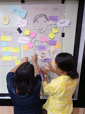 Two girls trying to pin the small colored papers with names of body parts written in Bahasa Indonesia to a drawing of a person on the whiteboard.
