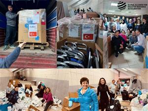 A collage shows volunteers packing and distributing humanitarian aid, including mobility aids marked with the Turkish flag. The team works together under the Global Alliance for Disaster Resource Acceleration, symbolizing solidarity, inclusion, and care for people affected by crises.