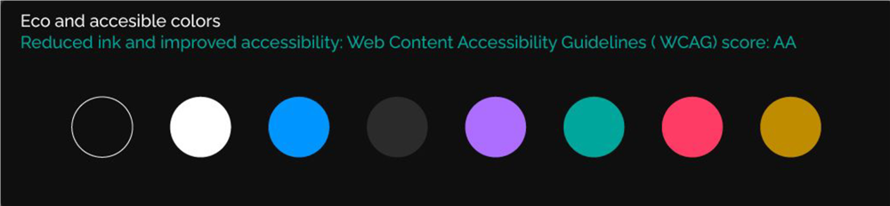 This graphic shows a pallet of 8 different colors. Below is the lettering: "Eco and accessible colors. Reduced ink and improved accessbility: Web Content accessibility guidelines (WCAG) score: AA