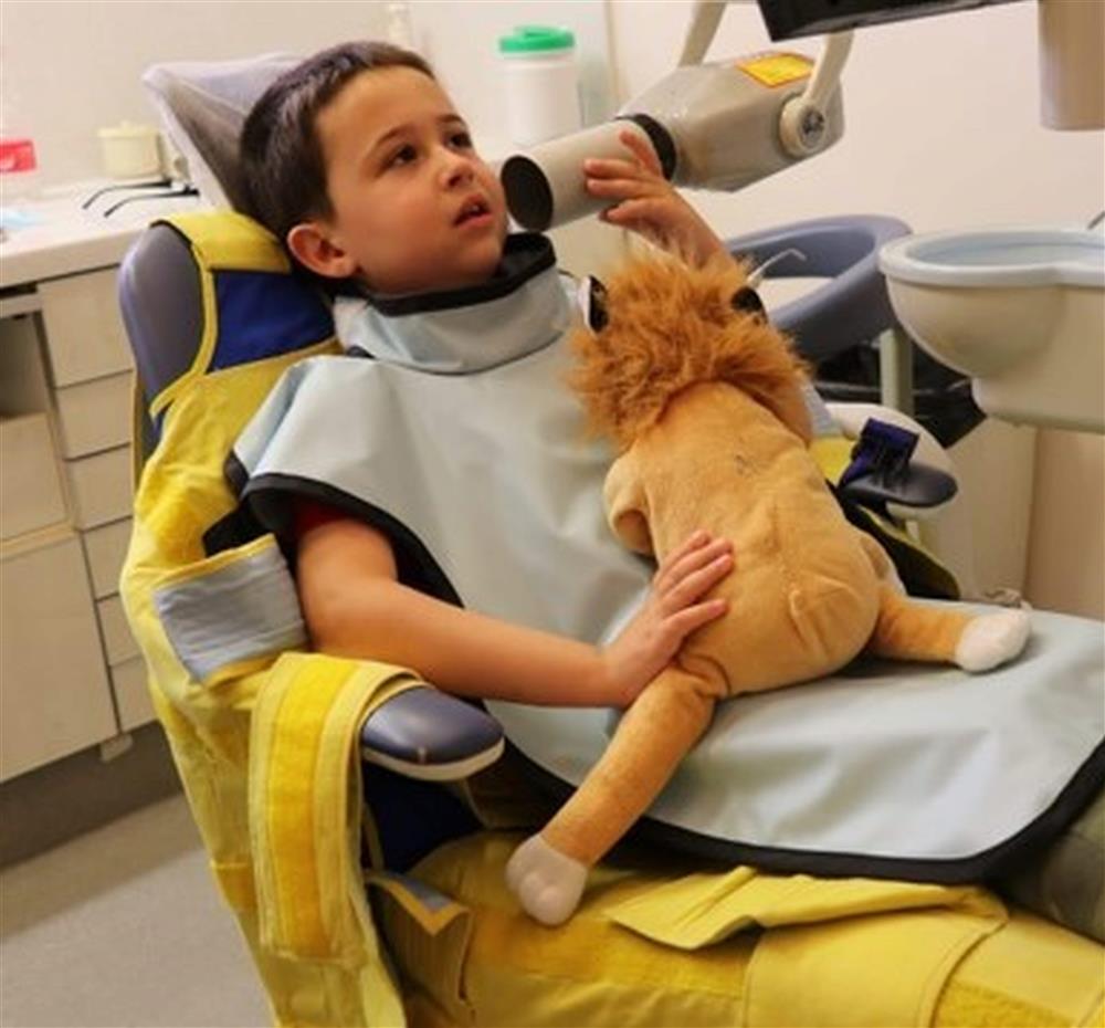 A young child sits in a dental chair, wearing a protective apron and holding a stuffed lion for comfort. The caring environment reflects inclusion and emotional support in healthcare, ensuring that all children feel safe and respected during treatment.