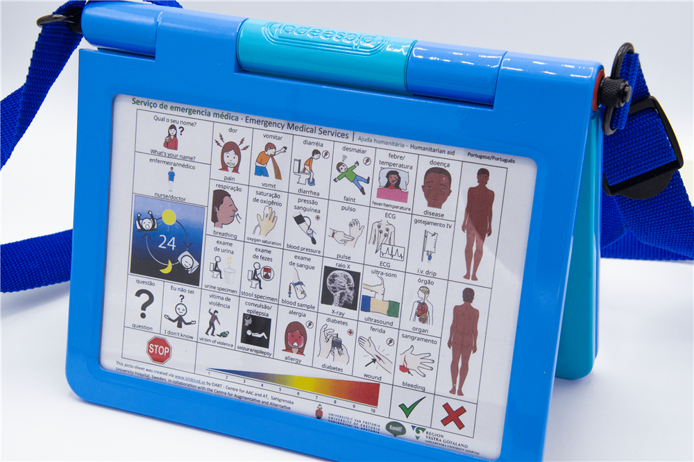 The picture shows a blue plastic information board, that explains essential terms of medical emergency situations with the help of little images, symbols and easy language. 