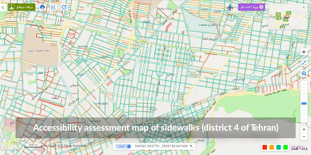 This image displays a color-coded accessibility assessment map of sidewalks in district 4 of Tehran. The map uses a spectrum of colors to represent the varying levels of accessibility, which could indicate how easily individuals, including those with disabilities, can navigate the sidewalks. This type of map is an important tool for urban planning and reflects a commitment to inclusivity and the facilitation of equal access for all people within a city. It highlights the importance of considering the needs of individuals who may face mobility challenges and supports the principles of equality and justice by aiming to provide a public space that is accessible to everyone.