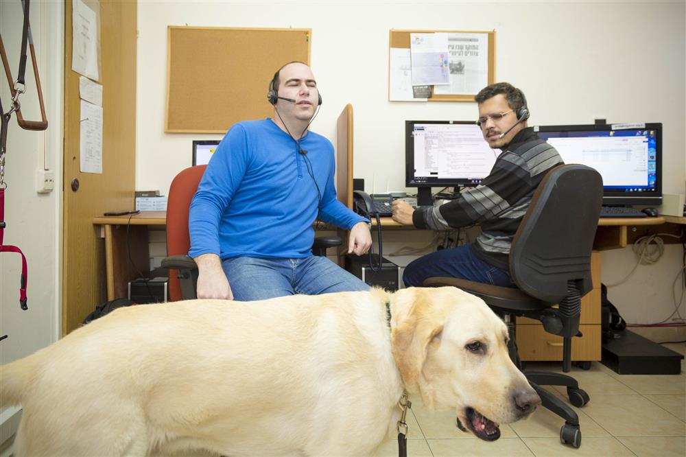 Two men with visual impairments using the computer with a dog in the room.