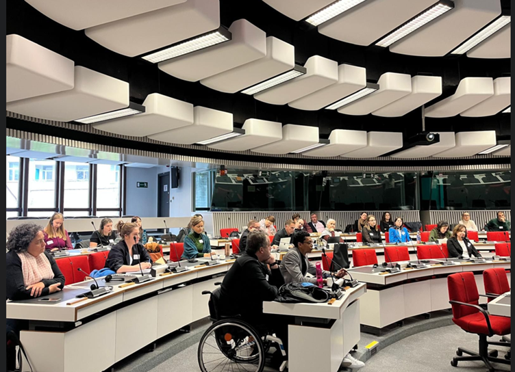 A diverse group of professionals, including a person using a wheelchair, attends a conference in a modern meeting hall. The setting conveys accessibility, equality, and the representation of people with disabilities in policy and decision-making spaces.
