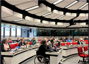 A diverse group of professionals, including a person using a wheelchair, attends a conference in a modern meeting hall. The setting conveys accessibility, equality, and the representation of people with disabilities in policy and decision-making spaces.