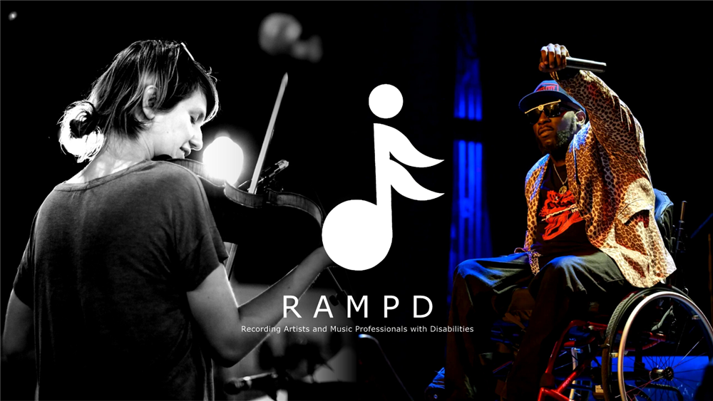 A woman playing the violin on the left and a man in wheelchair with arm holding a microphone raised on the right. The logo of RAMPD in the middle.