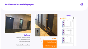 An accessibility report compares an elevator area before and after improvements. The updated design adds tactile flooring and braille signage, ensuring safe and independent navigation for people with visual impairments—an example of universal design in practice.