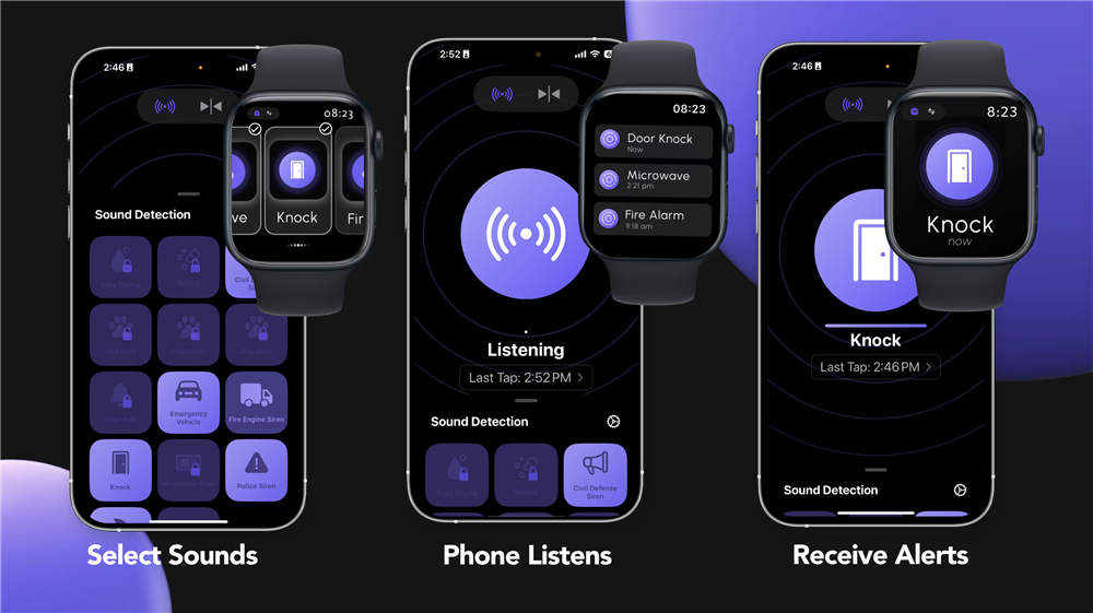 A smartphone and smartwatch display an accessibility feature that detects important sounds like door knocks or alarms, sending alerts to the user. The technology enhances independence and safety, especially for Deaf people, showing how design can support inclusion.